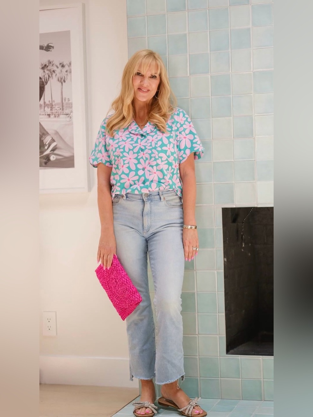 Smash + Tess x Melissa Gisioni Pastel Blue & Pink Floral V-Neck Blouse XL
